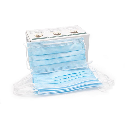 Box of 50 Blue Disposable Face Masks show with masks out in front of box, thumbnail