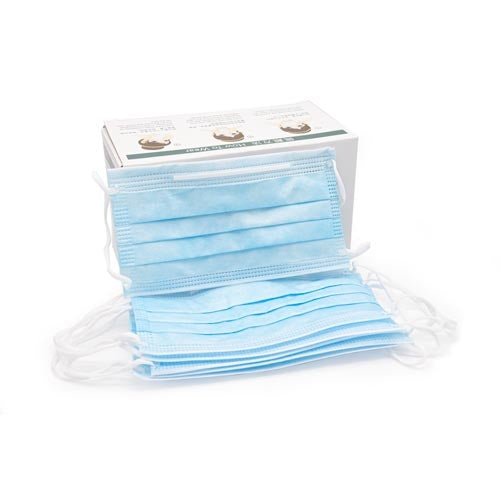 Box of 50 Blue Disposable Face Masks show with masks out in front of box, thumbnail