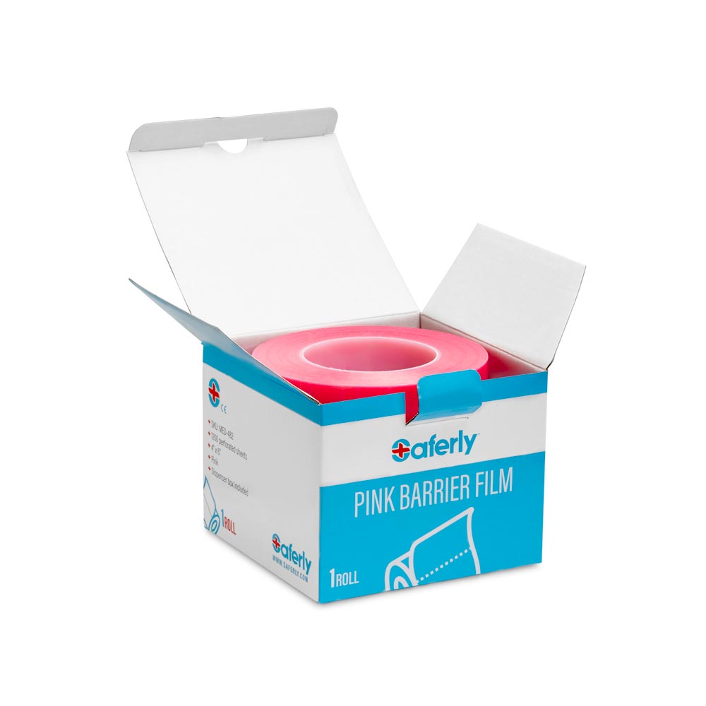 Saferly Pink Barrier Film + Dispenser Box — 4” x 6” Sheets — Price Per Roll