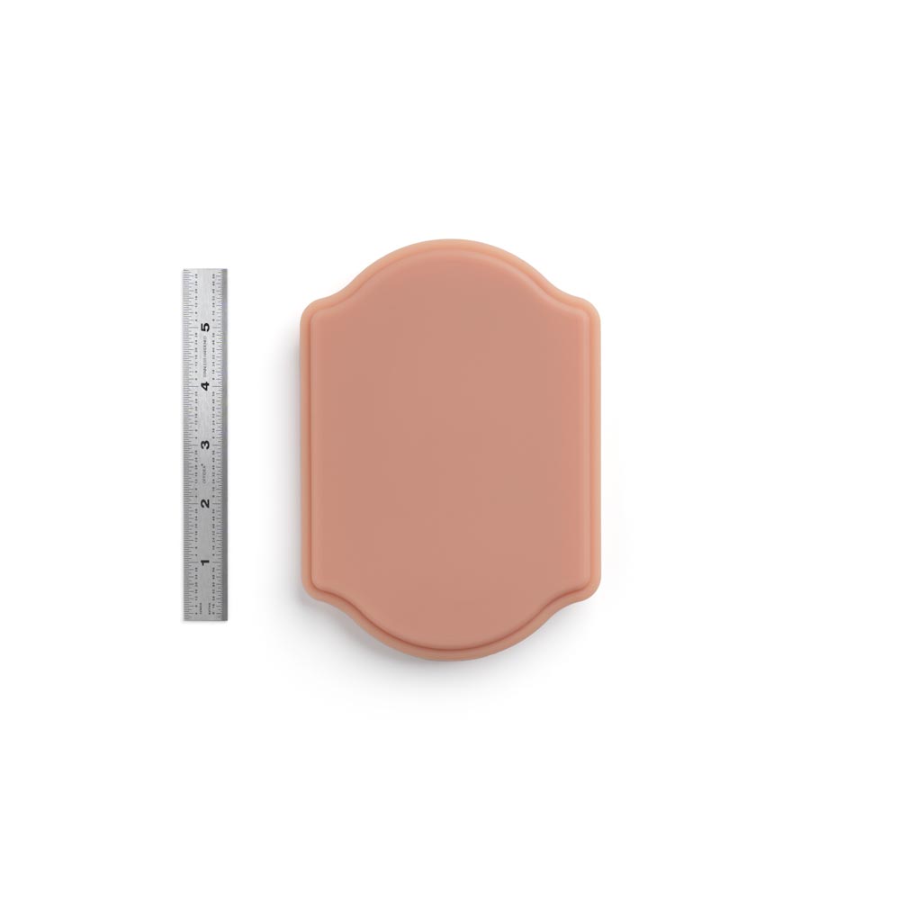 A Pound of Flesh Micro Series Tattooable Synthetic Small Plaque in Fitzpatrick Tone 3 shown with 6 inch ruler for scale