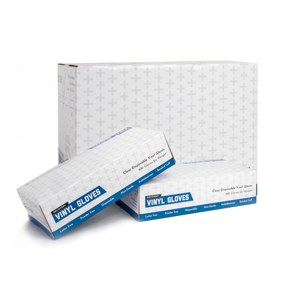 Recovery Clear Disposable Vinyl Gloves — Box of 100 (With case)