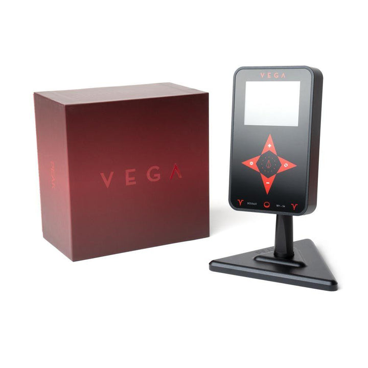 Peak Vega Tattoo Power Supply – Black Plastic next to box