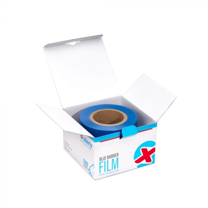 Saferly Blue Barrier Film + Dispenser Box — 4” x 6” Sheets — Price Per Roll