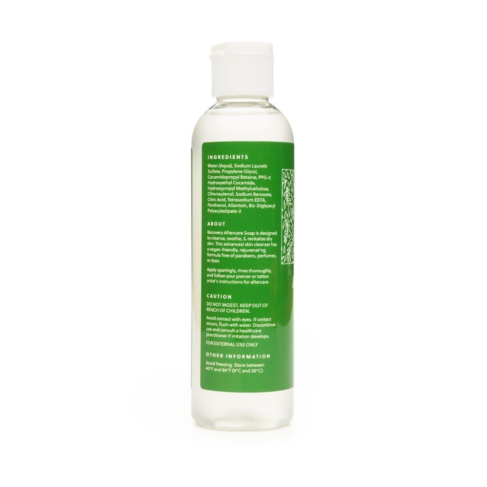 Recovery Aftercare Soap as a 4oz bottle standing upright with ingredients on label displayed