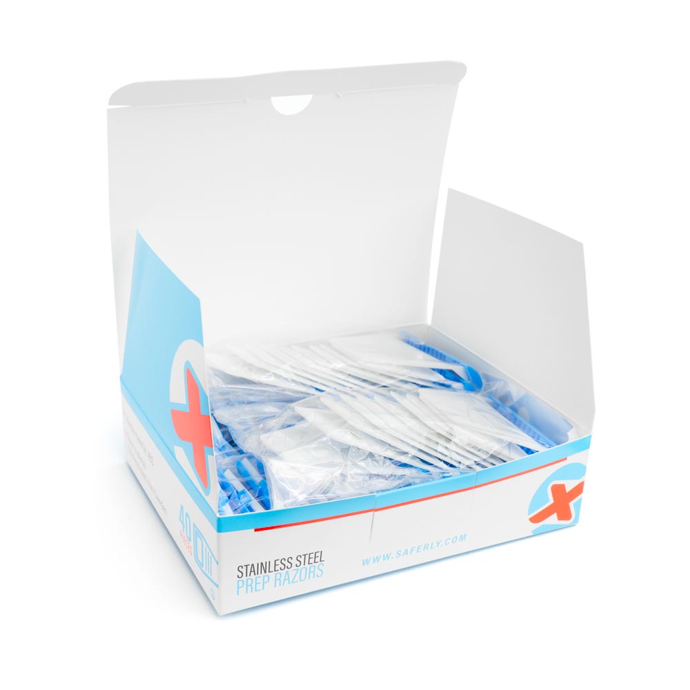 Saferly Stainless Steel Disposable Skin Prep Razors — Box of 40 opened